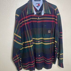 Tommy Hilfiger Navy and Green Plaid Shirt Vintage Size Large